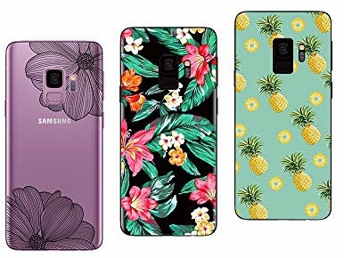 Samsung Novago Novago Etui ochronne do Galaxy S9, 3 sztuki, z miękkiego żelu, przezroczyste i wytrzymałe, z wysokiej jakości nadrukiem (wielokolorowe 8) S9-HBFleurNoirFleurBleuAnana