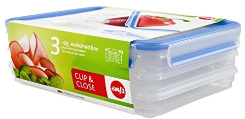 Emsa Clip&Close 508557 pojemnik do przechowywania żywności, prostokątny, przezroczysty, 3x 1.0 L 508556