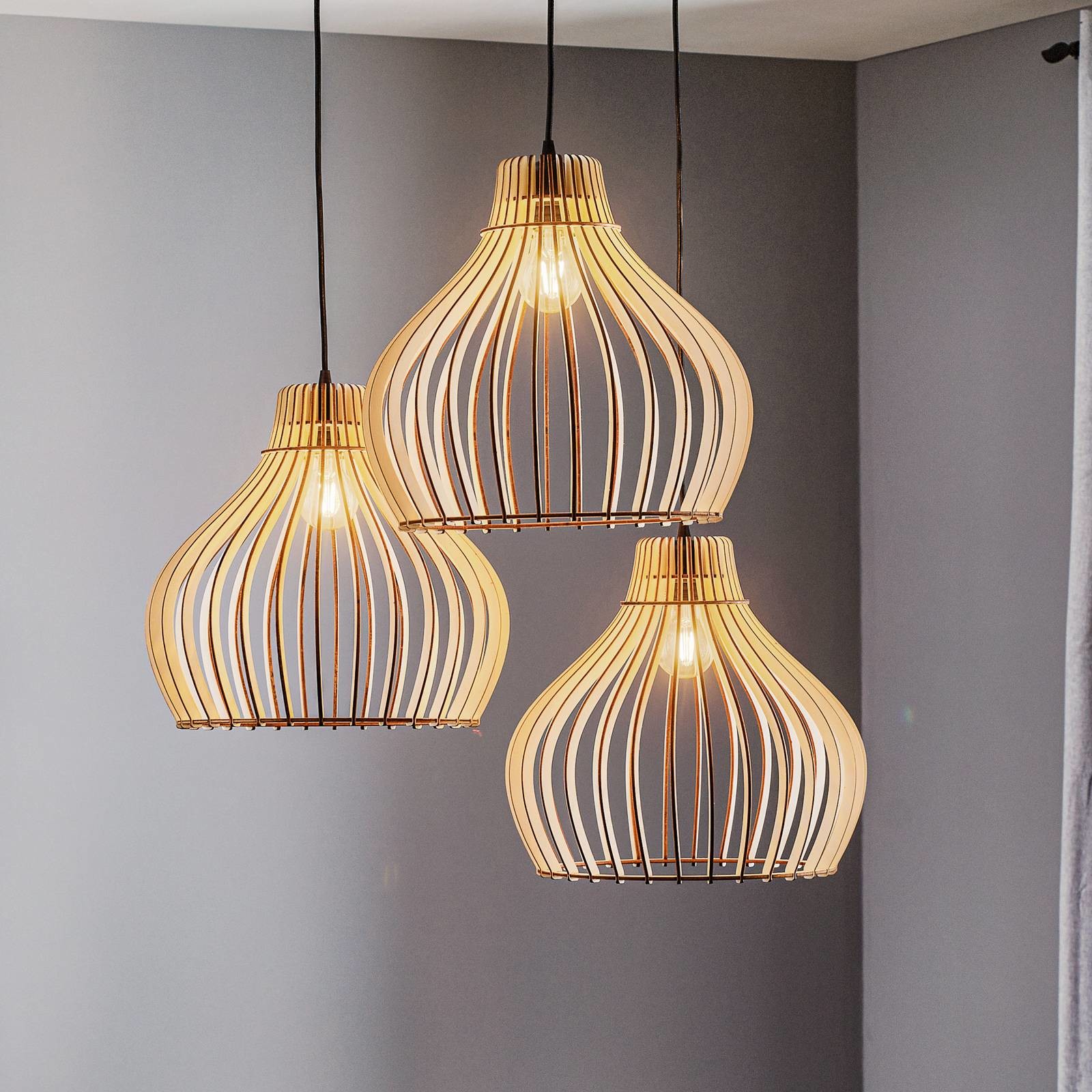 Euluna Lampa wisząca Barrel drewniane klosze 3-pkt.