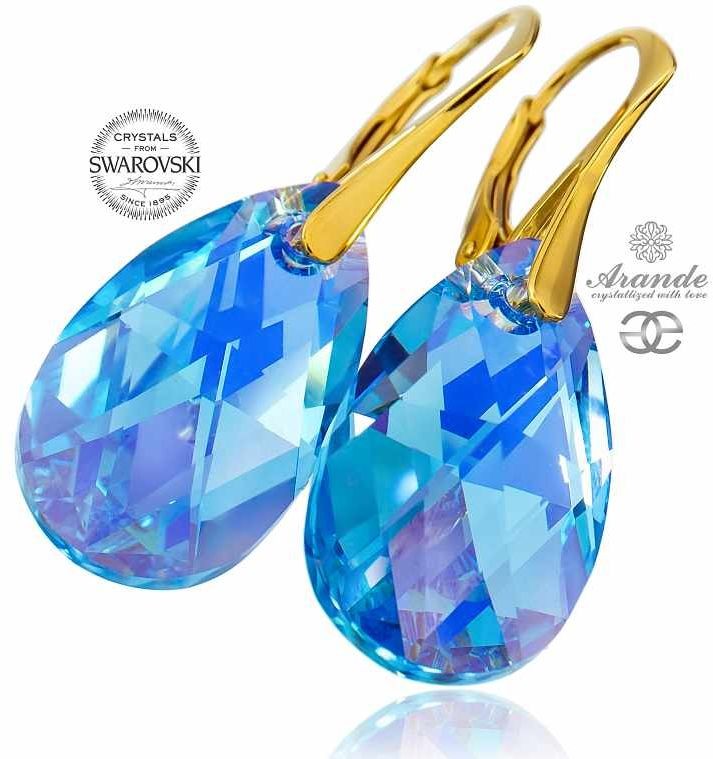 Swarovski najnowsze kolczyki AQUAMARINE ZŁOTE SREBRO unikat
