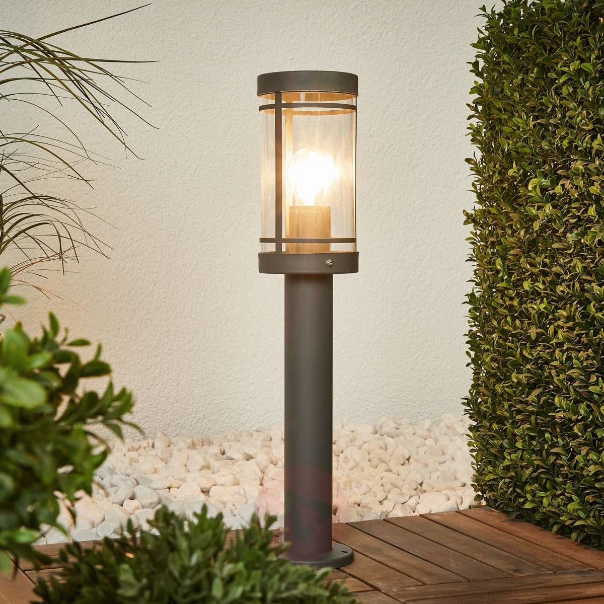 LAMPENWELT.COM Ciemnoszara lampa cokołowa Djori, stal szlachetna