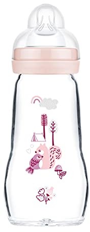 Mam Feel Good butelka dla niemowląt ze szkła (260 ml), butelka na mleko z szerokim otworem, stabilna butelka do picia dla dzieci z przyssawką rozm. 1, od urodzenia, wiewiórka/ptak