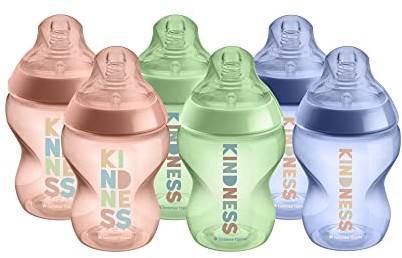 Tommee Tippee Closer to Nature butelki dla niemowląt, naturalnie ukształtowany smoczek z zaworem zapobiegającym kolce, 260 ml, zestaw 6 sztuk, wielokolorowe Be Kind