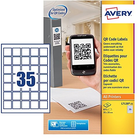 Avery Etykiety dennison l7121 25 QR Code, kwadratowa, nieprzezroczysty, biała, 20 etykiet na arkusz, 500 etykiet 484694