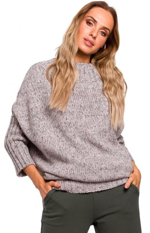 SukienkiShop Sweter damski oversize z wełną melanżowy szary - SukienkiShop