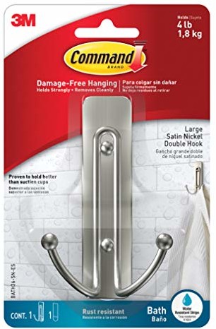 Command Large Double Bath Hook, satyna nikiel, 1-Hook, 1-Large Water-Resistant Strip by Command BATH36-SN-ES