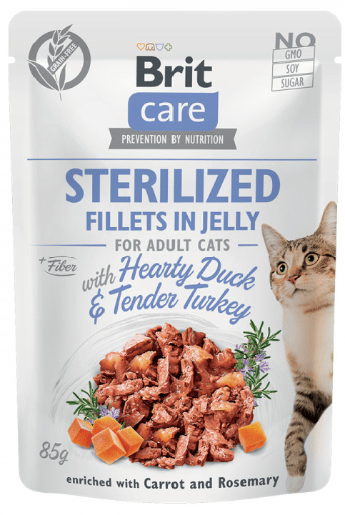 Brit karma mokra dla kotów Care Cat Sterilized Fillets in Jelly with Hearty Duck&Tender Turkey 24x85 g