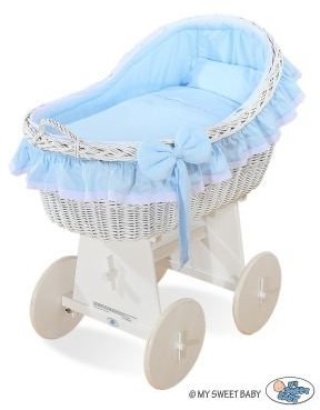 My Sweet Baby Kosz Mojżesza z budką wiklinową Carina biały + niebieska pościel
