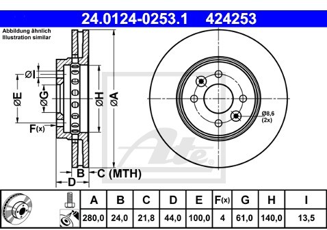 ATE TARCZA HAM 24.0124-0253.1 RENAULT CAPTUR 1.5DCI 15-/DACIA DOKKER 1.6 LPG 13-  24.0124-0253.1