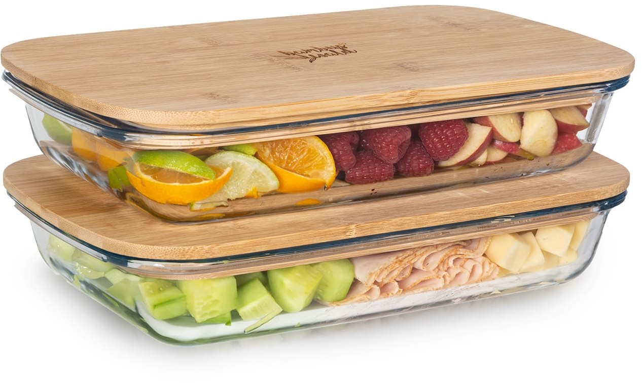 Klarstein Pojemnik na wędliny z pokrywką 1,6 litra zestaw 2 sztuk szkło bambus żaroodporne BW-10287-002
