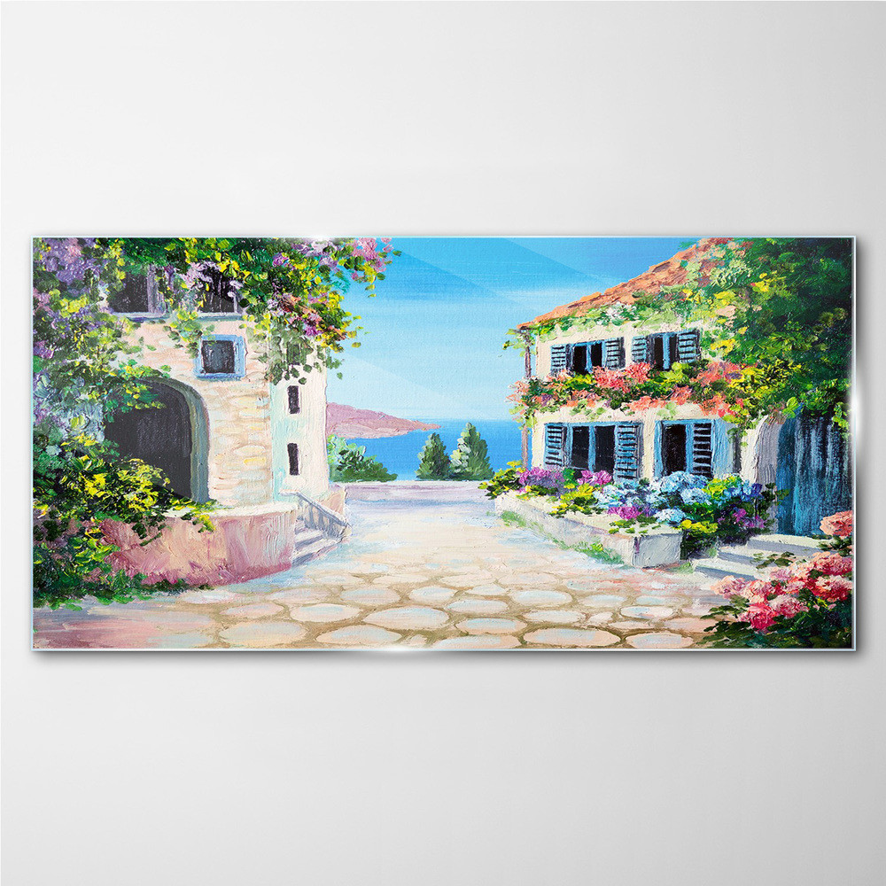 PL Coloray Obraz na Szkle Santorini Morze Kwiaty 120x60cm