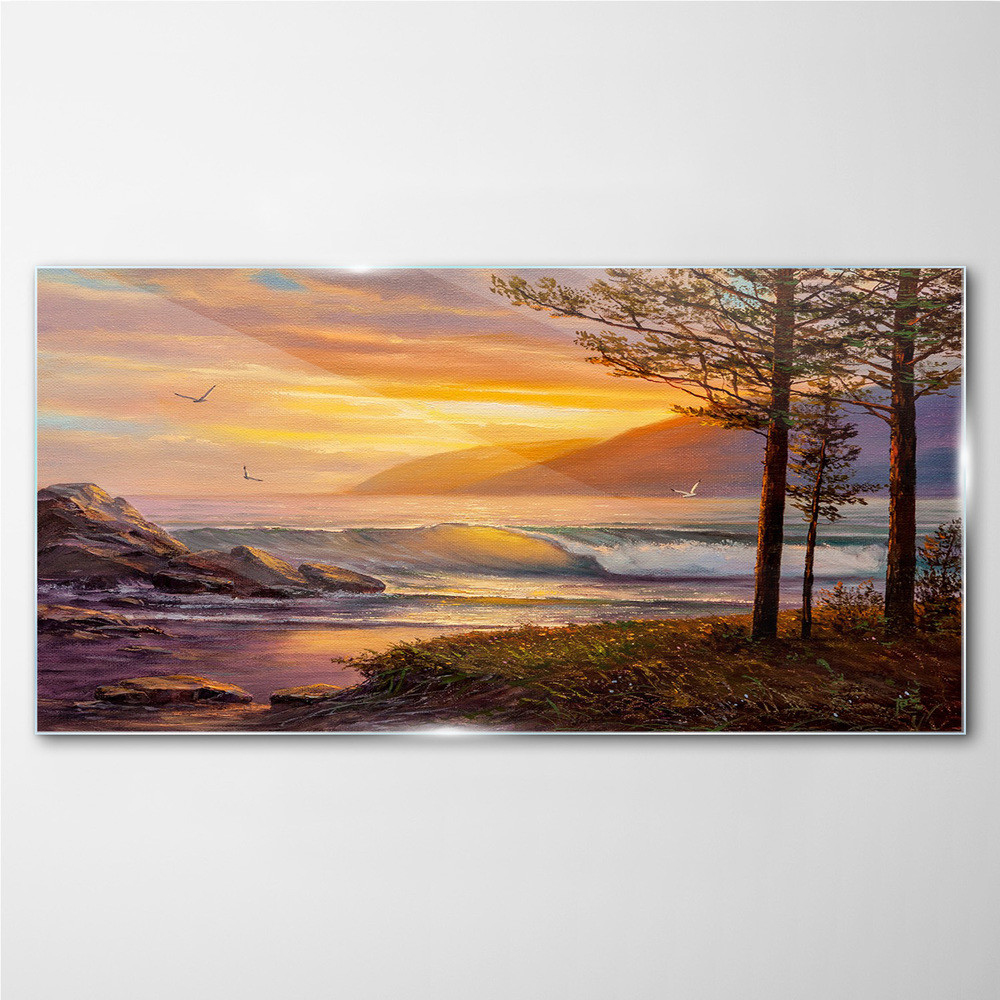PL Coloray Obraz Szklany drzewa fale zachód słońca 120x60cm