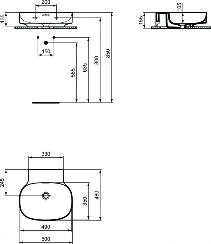 Ideal Standard Linda-X Umywalka wisząca 50x48 cm bez otworów na baterię z przelewem biała T475401