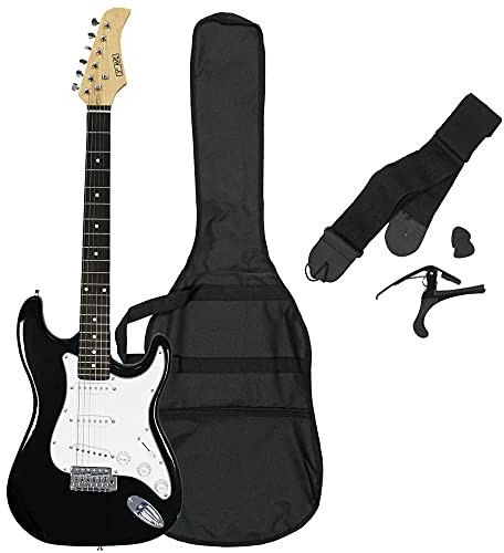 Rocket Zestaw startowy pełnowymiarowej gitary elektrycznej 3rd Avenue serii Rocket, w kolorze czarnym, z futerałem, paskiem, kostkami i kapodastrem XF203ABK