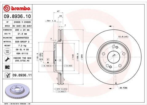 BREMBO Tarcza hamulcowa 09.8936.11