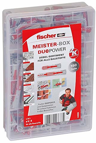 fischer Fischer DUOPOWER skrzynka z kołkami krótka/długa, 150 części (60 sztuk 6 x 30, 40 sztuk 8 x 40, 30 sztuk 6 x 50, 20 sztuk 8 x 65), uniwersalne kołki, praktyczna skrzynka z kołkami dla majsterkowiczów