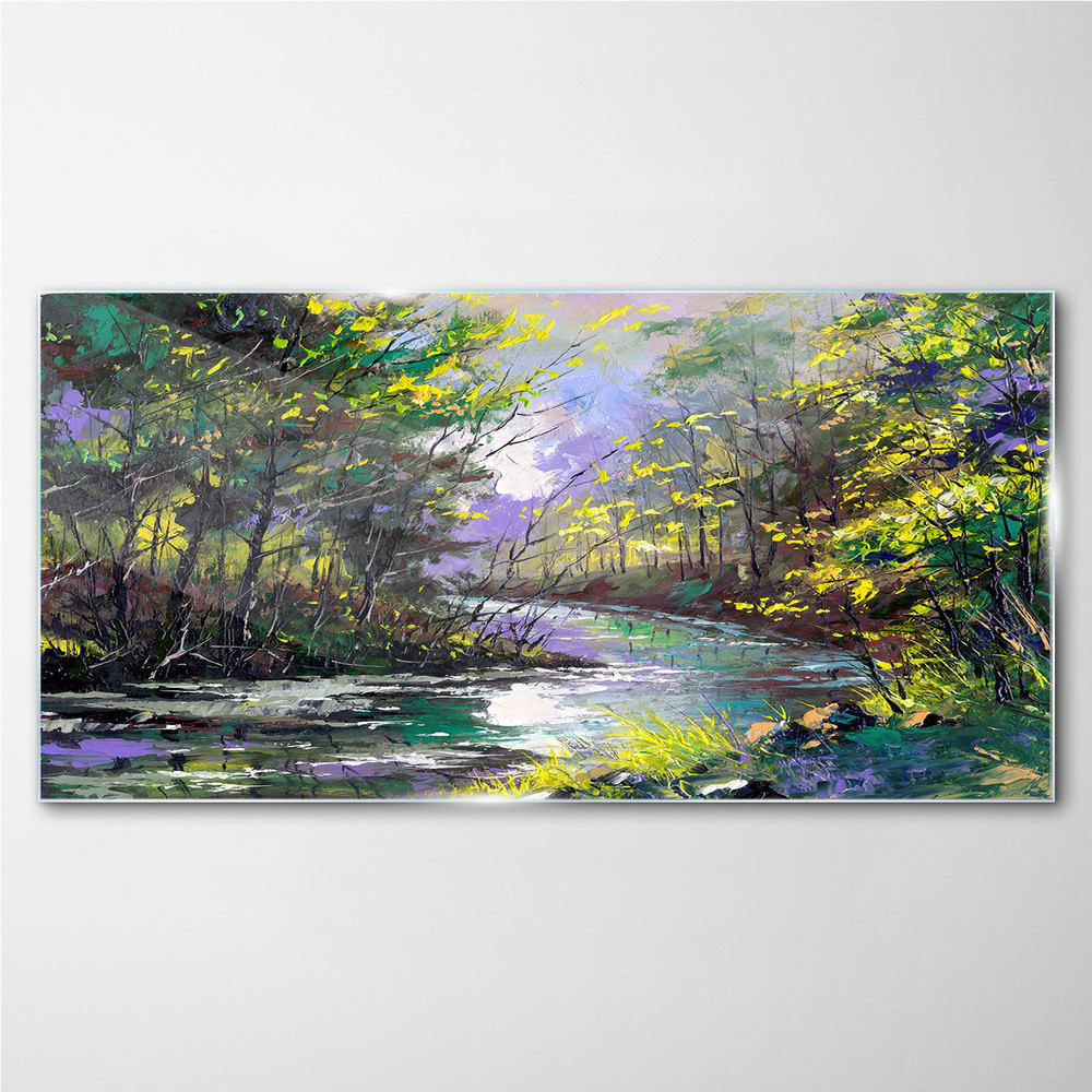 PL Coloray Obraz na Szkle malarstwo las rzeka drzewa 100x50cm