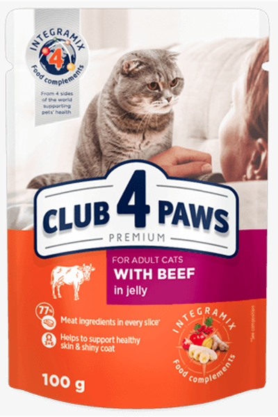 CLUB 4 PAWS FOR ADULT CATS WITH BEEF IN JELLY 100G