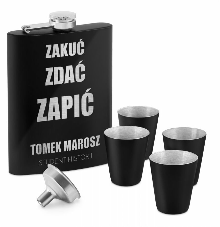 Murrano Piersiówka czarna z 4 kieliszkami i grawerem dla studenta historii PIER-BK-005