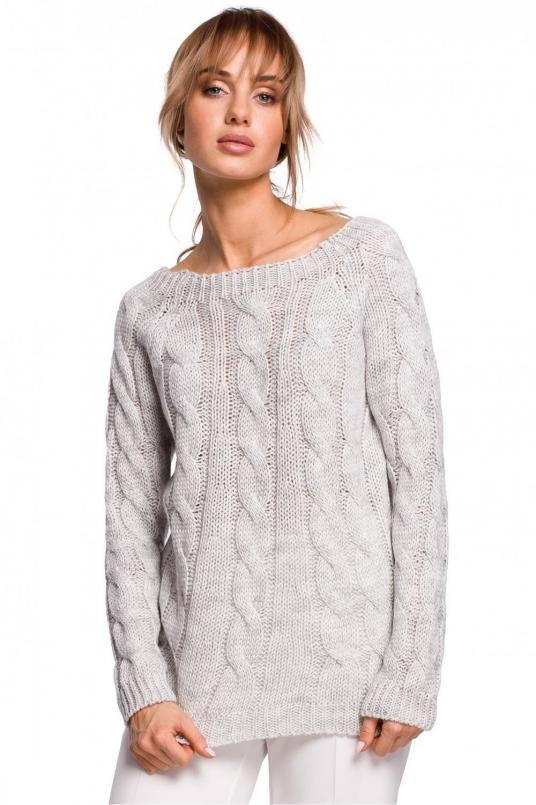 SukienkiShop Sweter damski ażurowy ze splotem typu warkocz szary - SukienkiShop