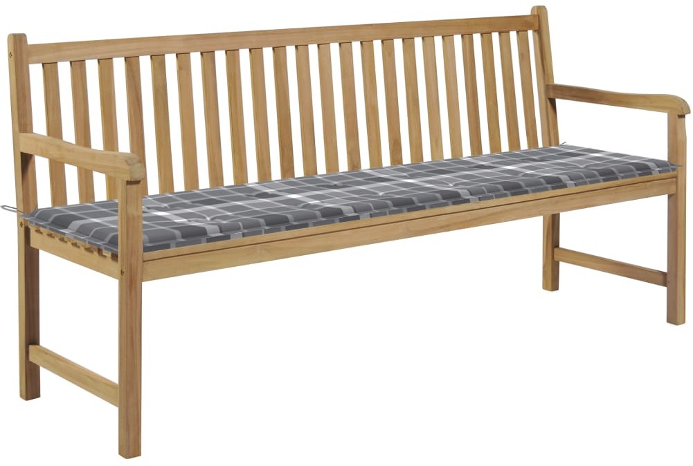 vidaXL Ławka ogrodowa z poduszką w szarą kratę, 175 cm, drewno tekowe