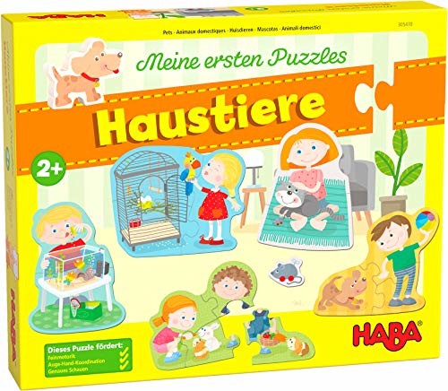 Haba 305470 Moje pierwsze puzzle zwierzęta domowe, zestaw puzzli dla małych dzieci od 2 lat z 5 motywami i psem z drewna do swobodnej zabawy 305470