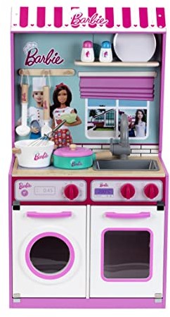 Klein Theo Theo 7312 Drewniana kuchnia Barbie z domkiem dla lalek 2 w 1 I Zabawkowa kuchnia z piekarnikiem, pralką i akcesoriami I Dla dzieci w wieku od 3 lat 7312