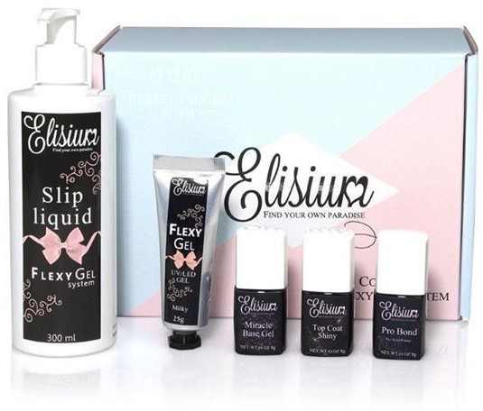 Elisium Elisium Mały zestaw do hybryd Pro Bond + Miracle Base Gel + FlexyGel Milky & Slip Liquid + Top Coat Shiny