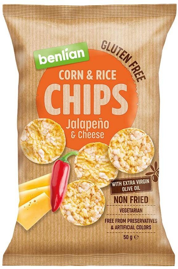 Benlian Chipsy kukurydziano-ryżowe - papryka jalapeno i ser Benlian, 50g