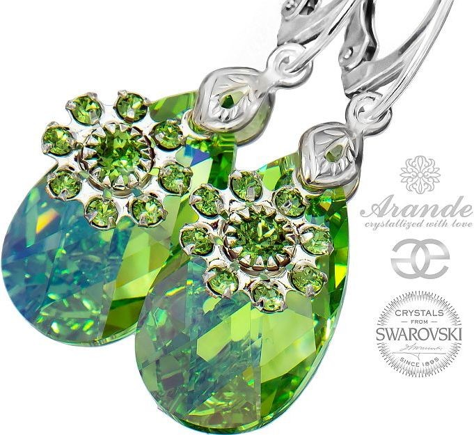 Swarovski piękne zielone kolczyki PERIDOT FLOWER Srebro