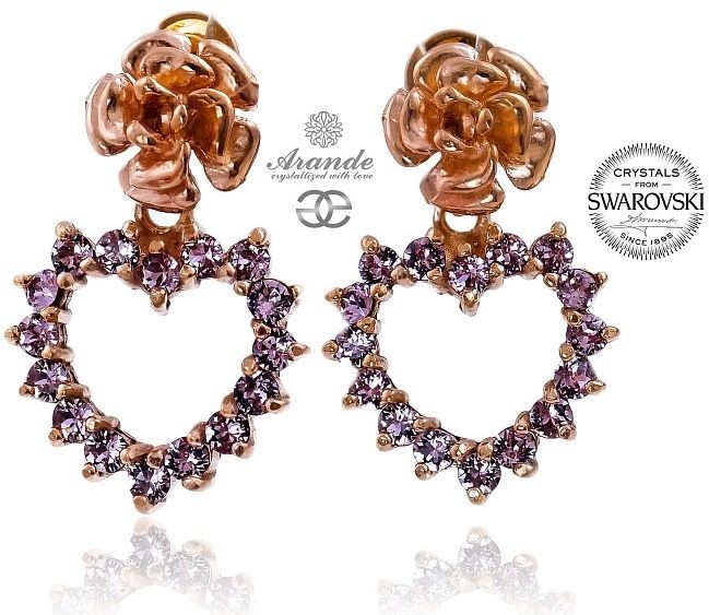 Swarovski SERCE KOLCZYKI AMETHYST RÓŻOWE ZŁOTO SREBRO