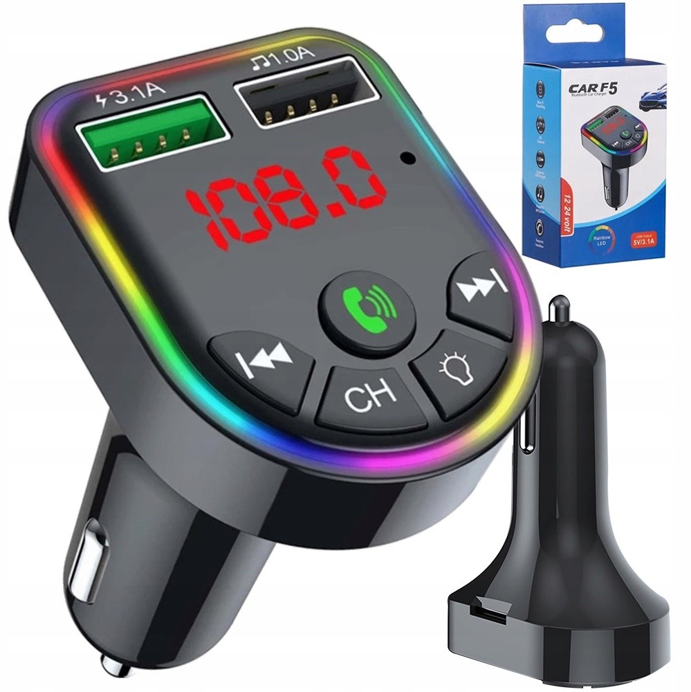 TRANSMITER FM BLUETOOTH ŁADOWARKA 2x USB LED RGB