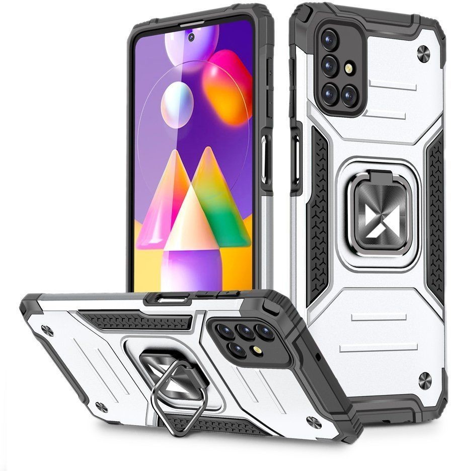 Wozinsky Ring Armor pancerne hybrydowe etui pokrowiec + magnetyczny uchwyt Samsung Galaxy M31s srebrny