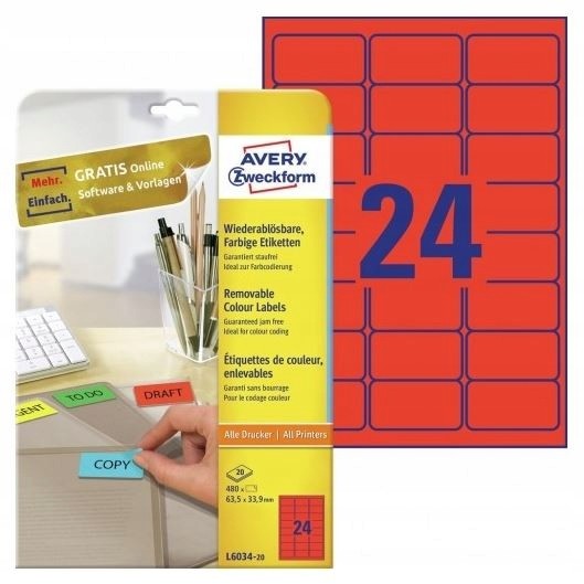 Avery Etykiety usuwalne 210x297 mm czerwone