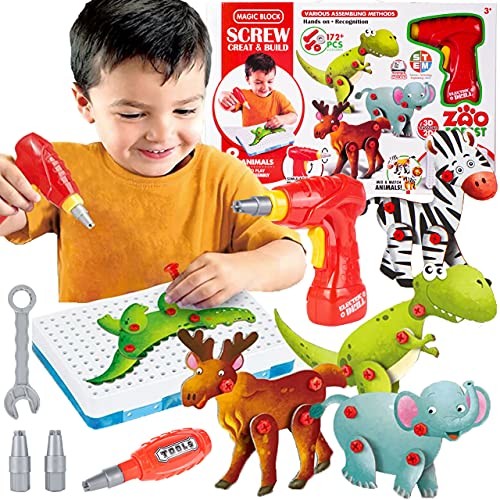 MalPlay 5901924223719 Klocki do Montażu Dla Dzieci Zwierzęta, Wkrętarka, Śrubokręt, 2 Dinozaury, Słoń, Krokodyl, Łoś, Niedźwiedź, Lew, Zebra 5901924223719