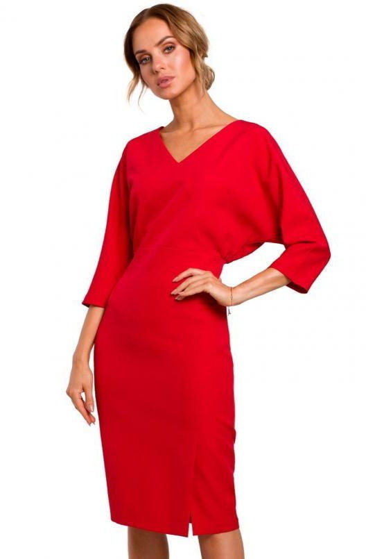 SukienkiShop Sukienka elegancka ołówkowa zbluzowana góra i dekolt V czerwona - SukienkiShop
