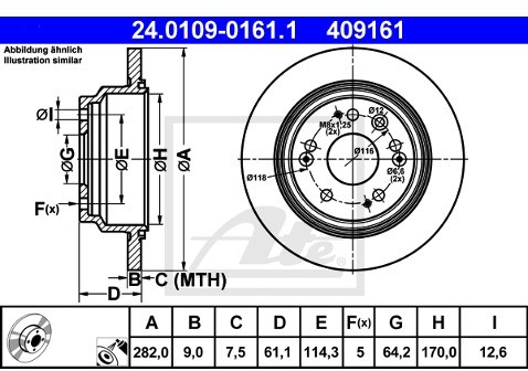 ATE TARCZA HAM 24.0109-0161.1 HONDA ACCORD VIII 2.0, 2.4 03-, 2.2I-CTDI 04-  24.0109-0161.1