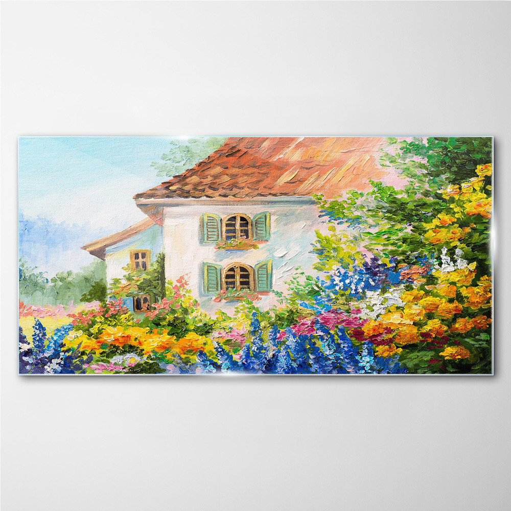 PL Coloray Obraz Szklany wieś kwiaty dom przyroda 140x70cm