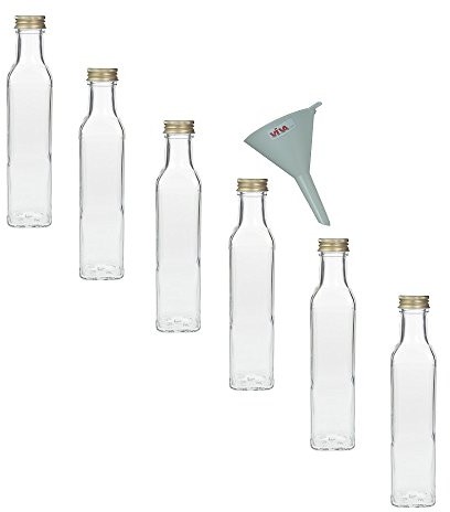Viva Haushaltswaren butelki szklane z zakrętkami, 6 szt., pojemność 250 ml, do samodzielnego napełniania, włącznie z białym lejkiem  7cm #14851