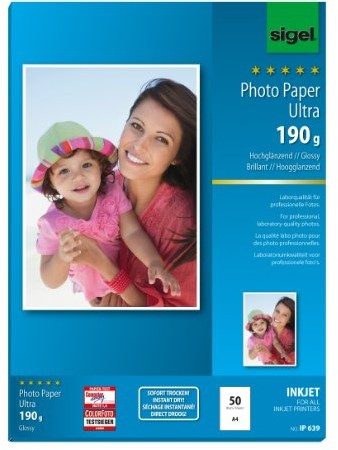 Sigel Papier fotograficzny InkJet Ultra, wysoki połysk, bardzo odporna na światło, A4, 190 G, niezwykła biel IP639