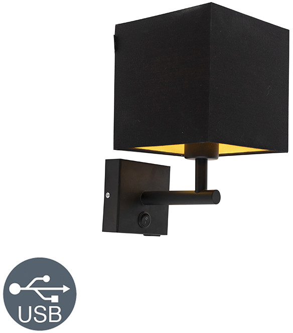 QAZQA Czarna lampa ścienna z USB i kwadratowym czarnym kloszem - Combi 1