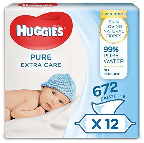 Huggies Pure Extra Care, chusteczki dla niemowląt 12 opakowań (łącznie 672 chusteczki) wilgotne chusteczki dla wrażliwej skóry 99% czystej wody z naturalnymi włóknami kochającymi skórę