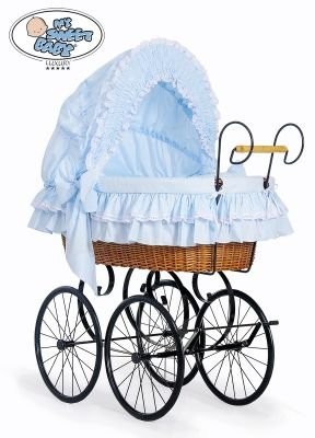 My Sweet Baby luxury Kosz Mojżesza Retro Victoria - Naturalny + niebieska pościel z białą haftowaną koronką