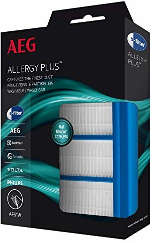 AEG AFS1W Allergy Plus filtr (idealny dla alergików, efekt filtrowania ponad 99%, czyste powietrze, łatwy w instalacji, pasuje do ponad 80 odkurzaczy, uniwersalny, dopasowany) niebieski/biały AFS1W