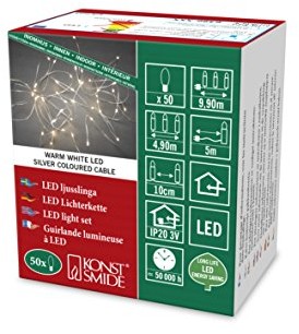 Konstsmide 6386  190 kropli łańcuch świetlny/do użytku wewnątrz pomieszczeń (IP20)/50 ciepłe białe diody LED/3 V wewnętrzny transformator/srebrzystą drutu 6386-190