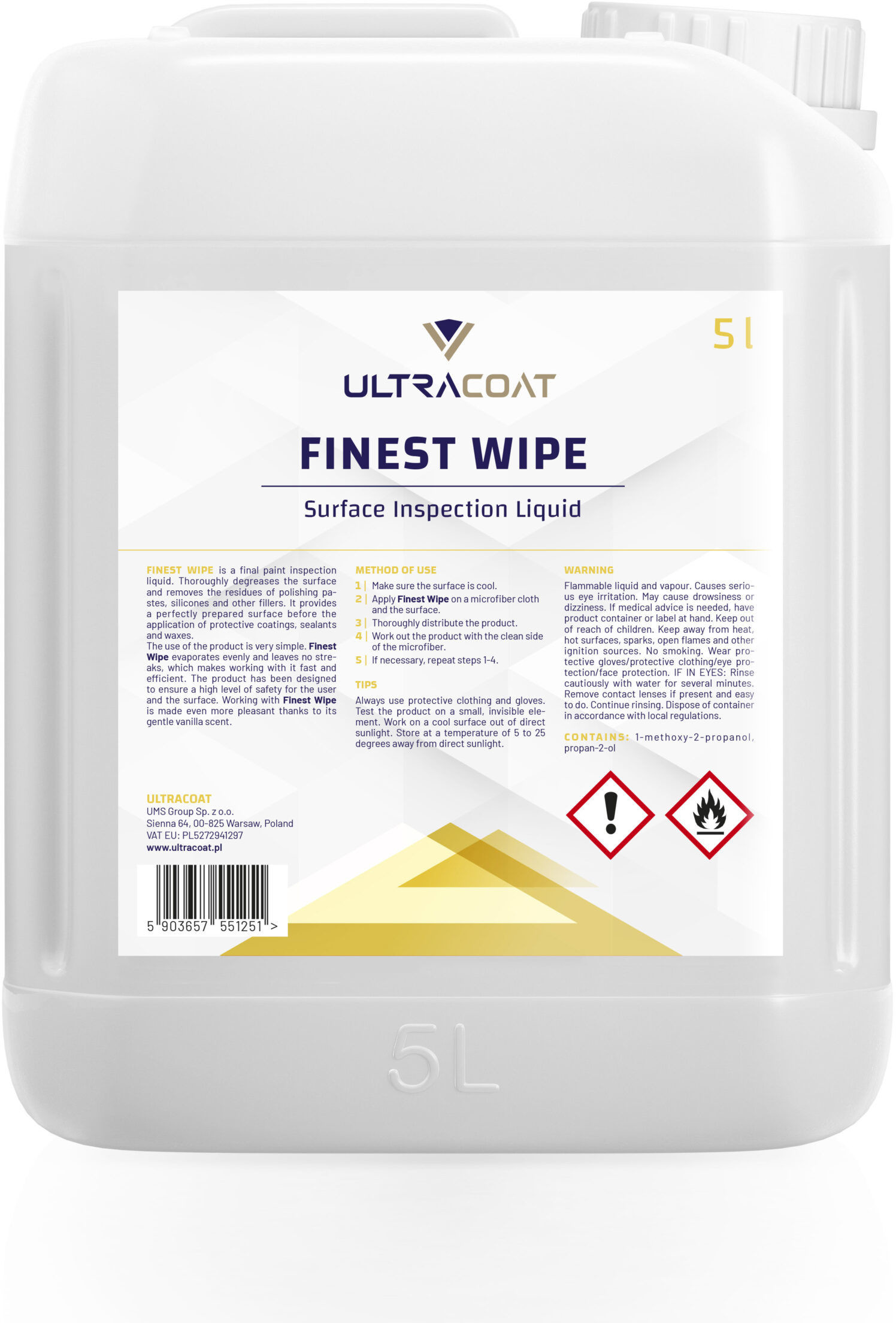 Ultracoat Ultracoat Finest Wipe  produkt do odtłuszczania lakieru przed powłoką lub woskiem 5L ULT000035