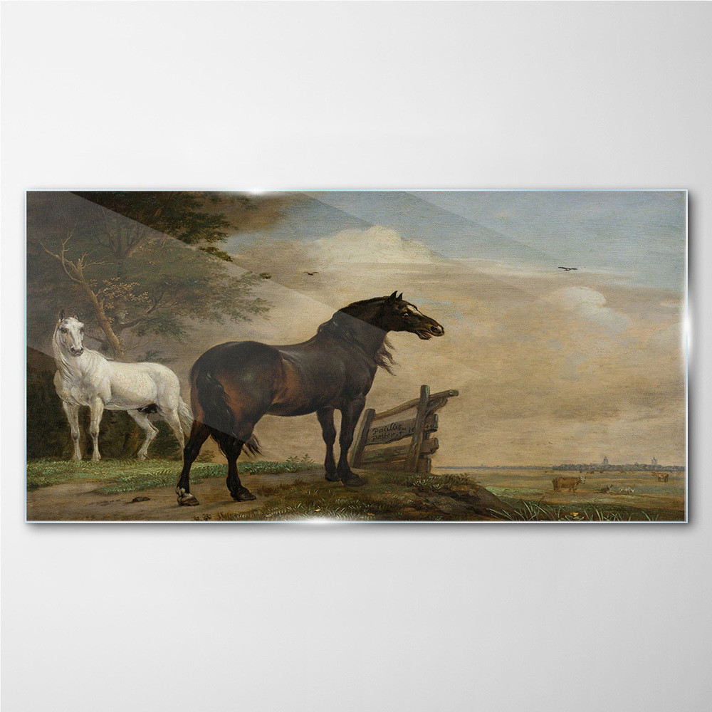 PL Coloray Obraz na Szkle Krajobraz Chmury Niebo Konie 100x50cm