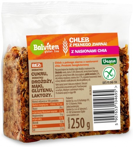 Balviten Chleb z Pełnego Ziarna z Nasionami Chia bezglutenowy 250g -