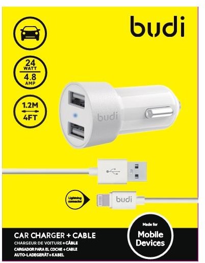 BUDI BUDI Ładowarka samochodowa 24W z kablem Lightning 1,2 m w zestawie BIAŁA BD622LW