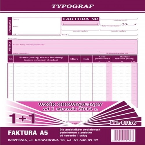 Typograf Druk samokopiujący faktura dla podatników zwolnionych podmiotowo z podatku VAT A5 80 kartek 1+1 pion 01176/ TP392